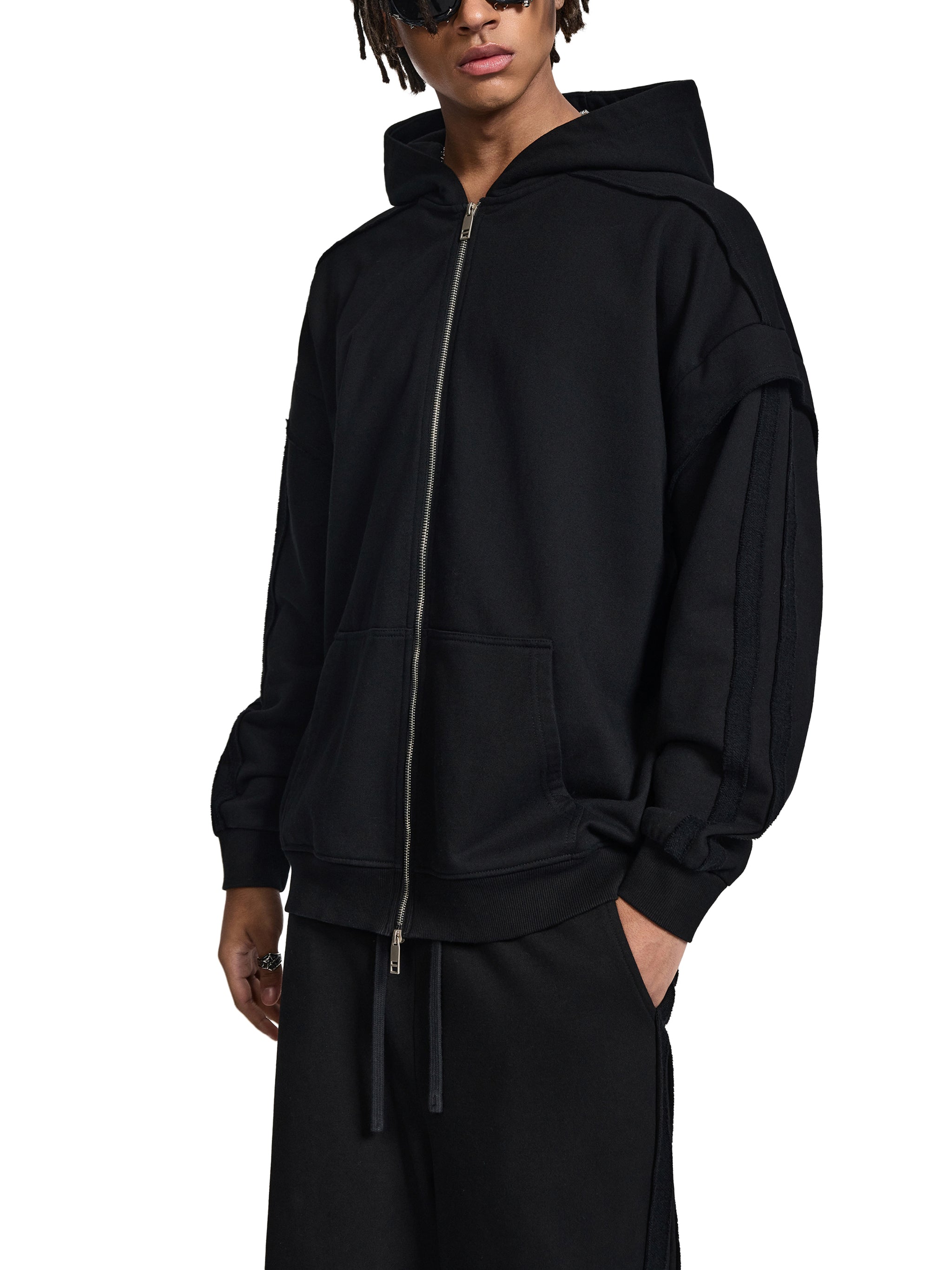 LIFTED Contrast Tape Raw Edge Double Layered Zip Hoodie